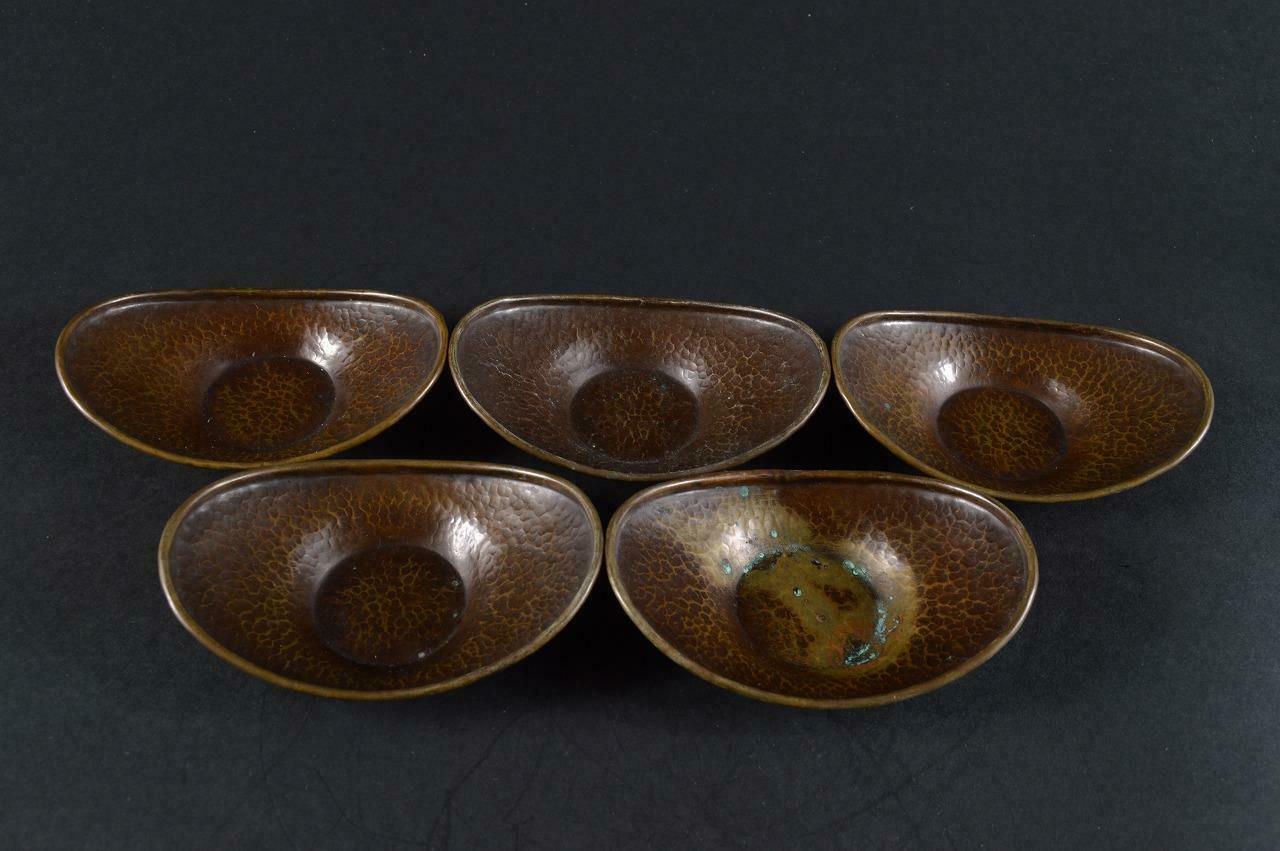 #1737: Japanese Copper Finish Hammer Pattern Tea Cup Tray Saucer Chataku 5pcs